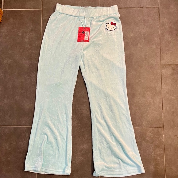 NWT Primark Hello Kitty Blue velour Pj Lounge Flared Pants Size Medium 8/10 - Picture 3 of 7